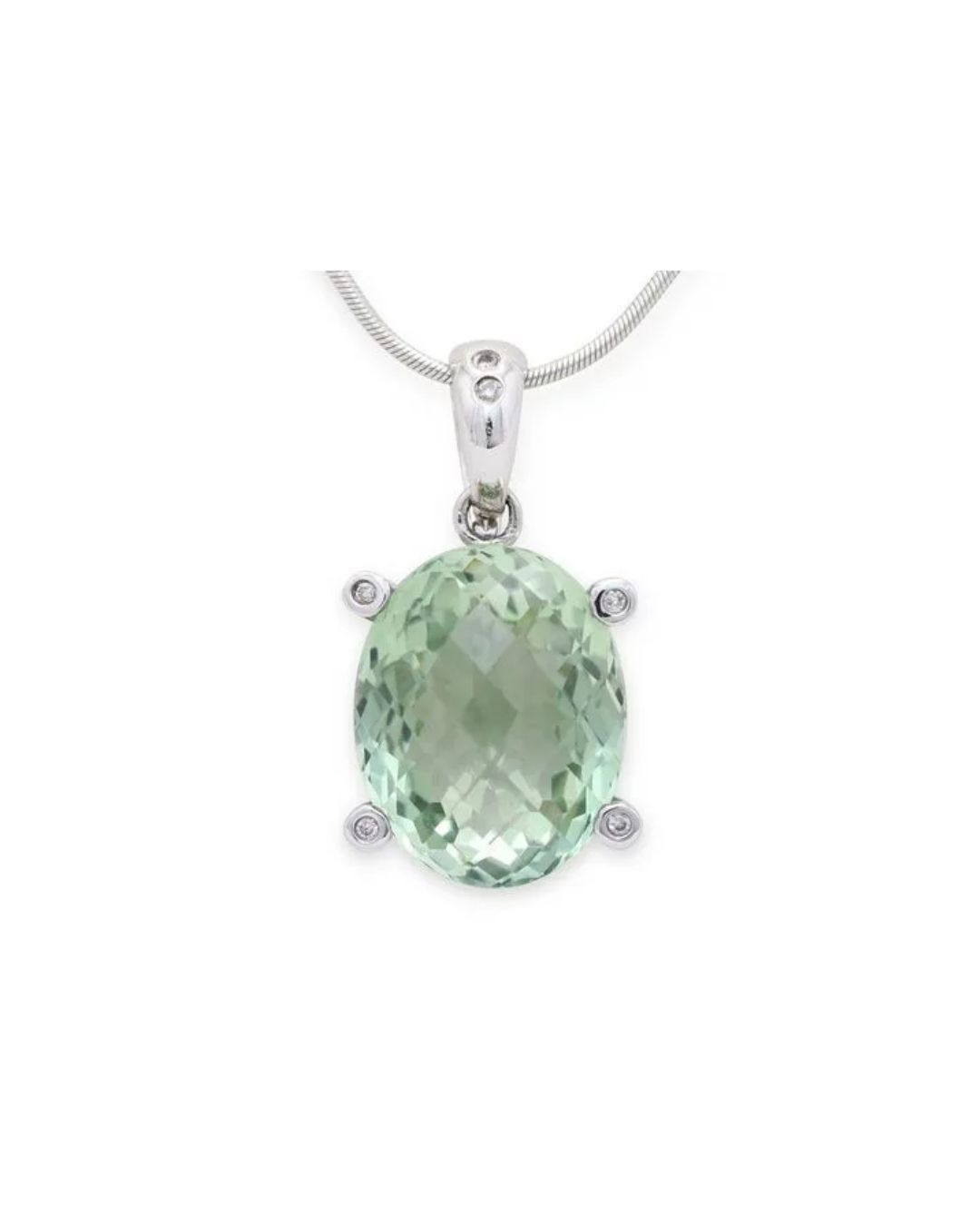 A silver pendant featuring a large oval, faceted mint green gemstone accented by four small, round white stones.