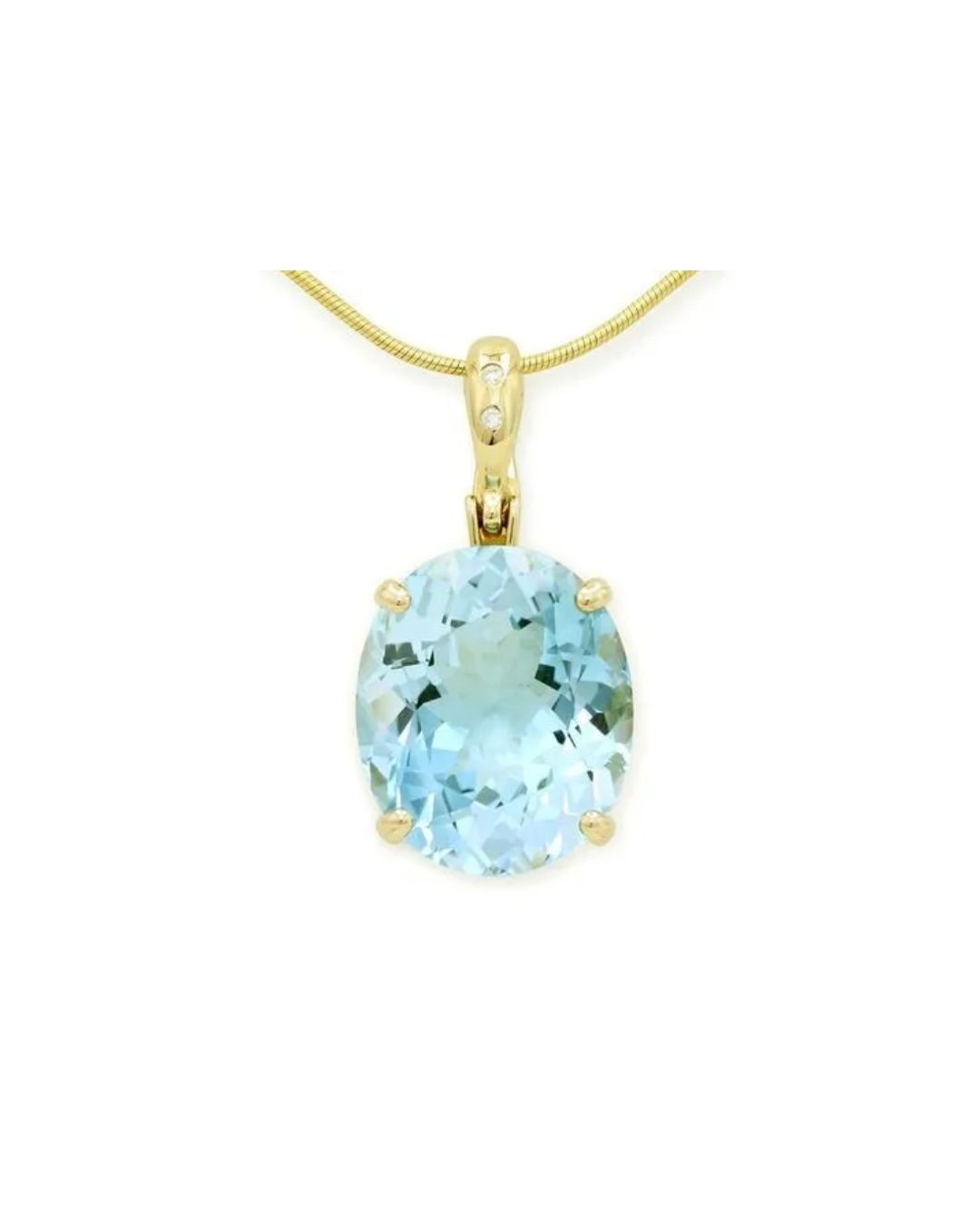 A faceted, oval-shaped light blue gemstone pendant set in yellow gold, hanging from a matching chain.