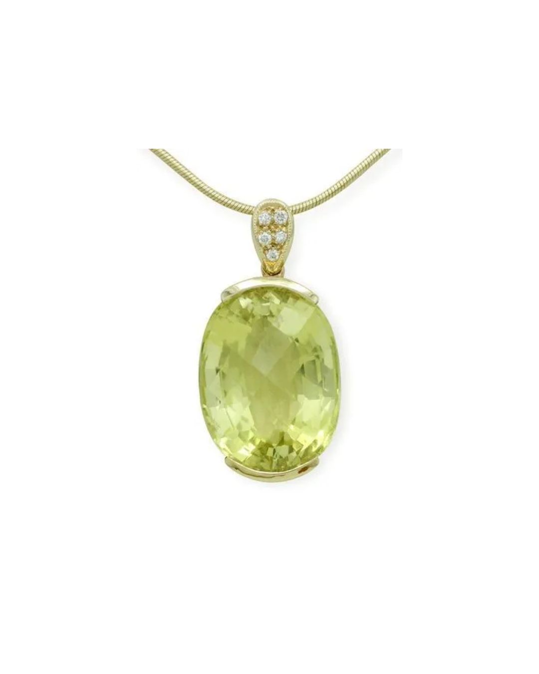 A gold pendant featuring a large, oval-cut, pale yellow gemstone accented by five small diamonds on a gold chain.