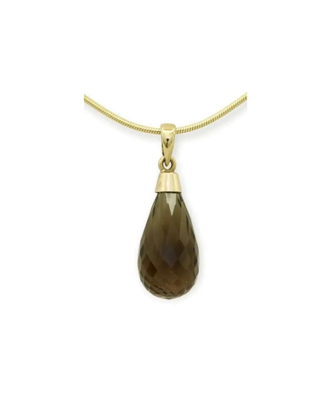 A gold pendant necklace with a faceted, teardrop-shaped smoky quartz stone on a thin snake chain.