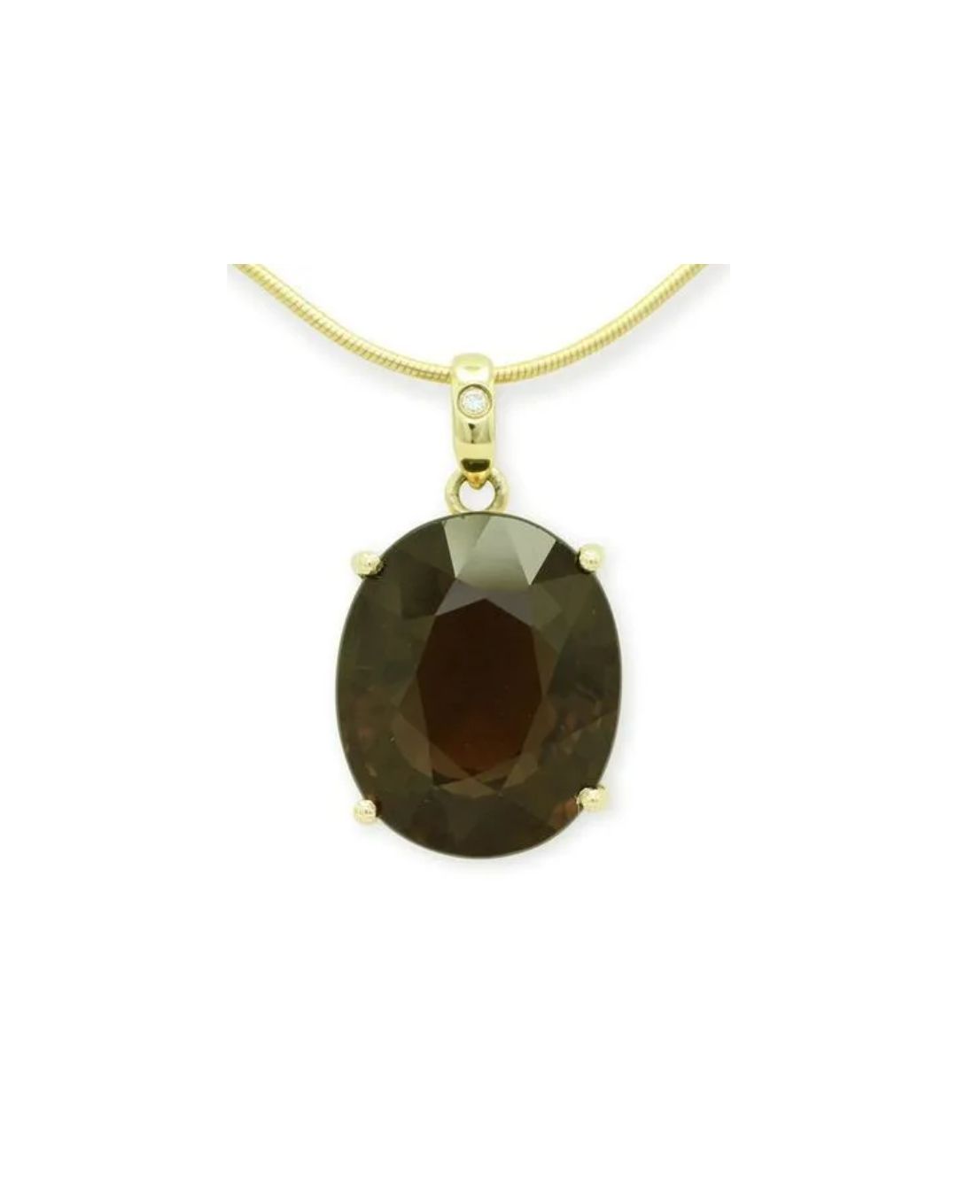 A gold pendant featuring a large, oval, dark brown faceted gemstone on a thin gold chain.