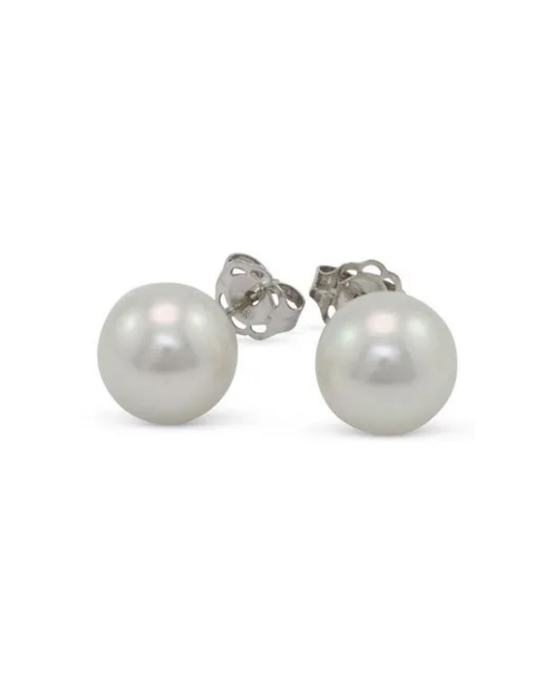 A pair of white pearl stud earrings on a white background, featuring silver posts and matching earring backs.