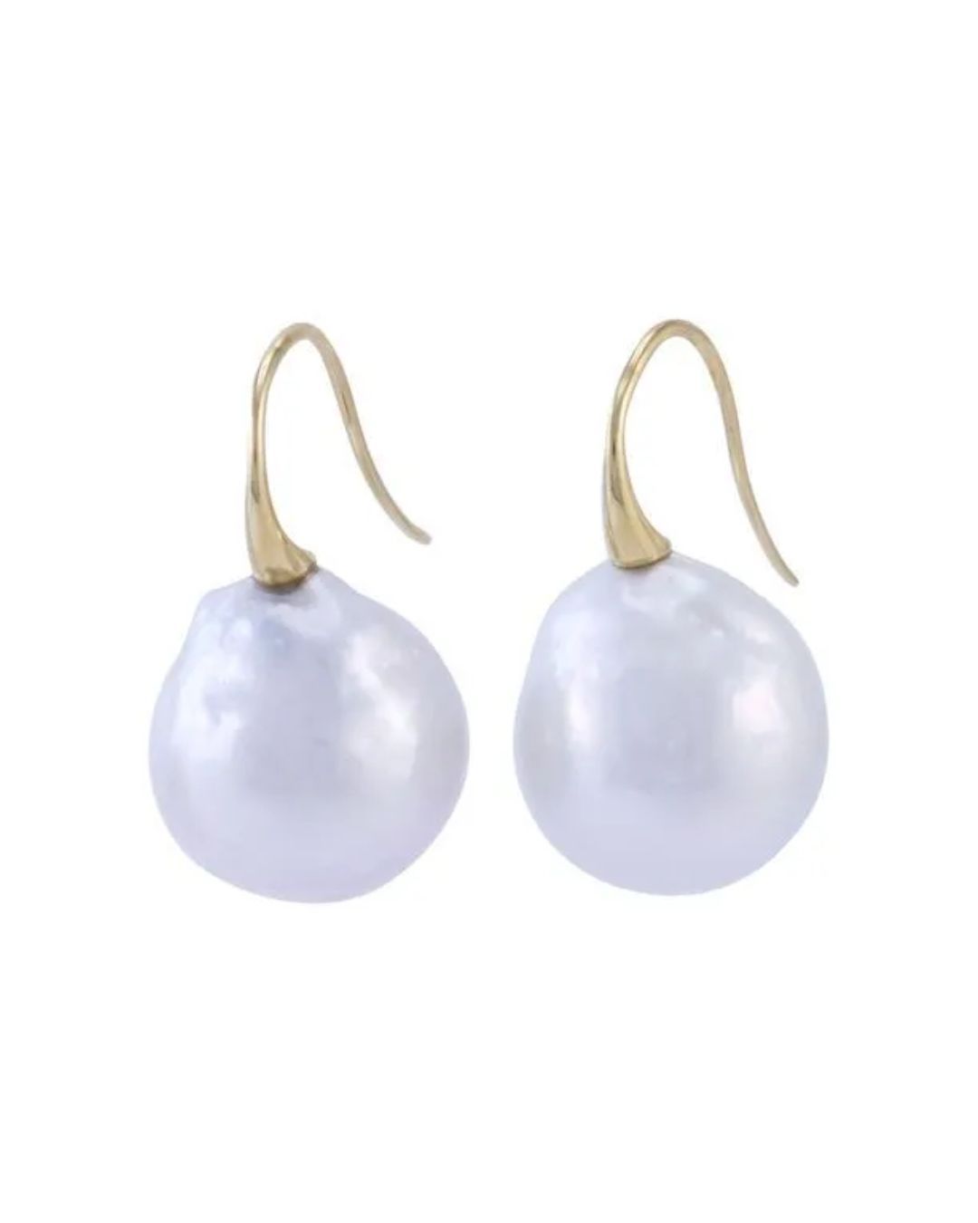 A pair of gold hook earrings featuring large, organic-shaped, iridescent white baroque pearls.