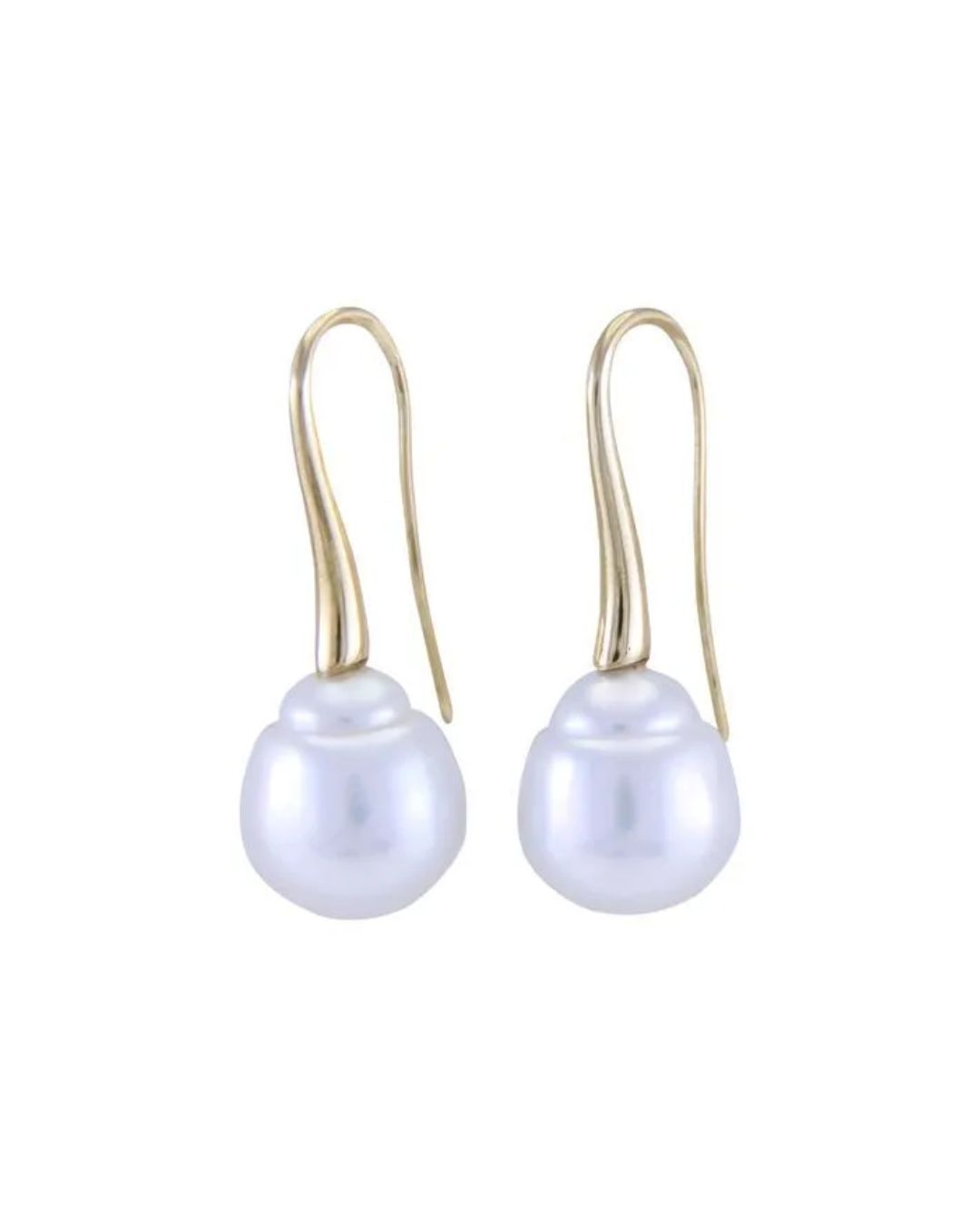 A pair of gold hook earrings, each featuring a single, large, drop-shaped white pearl.
