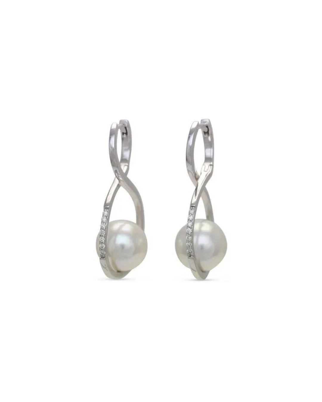 A pair of silver hoop earrings, each featuring a white pearl dangling inside an infinity-shaped loop set with diamonds.