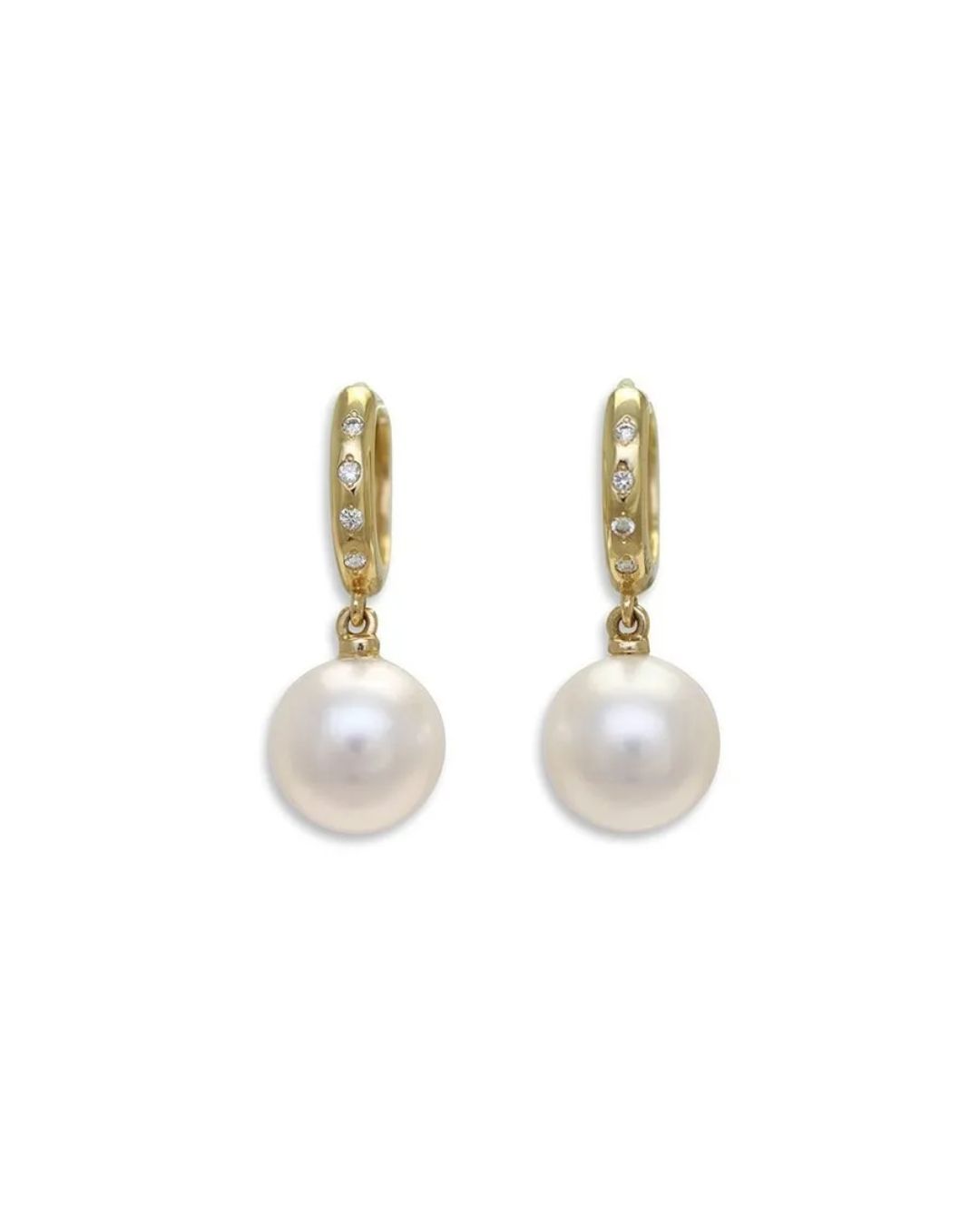 A pair of gold hoop earrings with small embedded diamonds and dangling white pearl drops against a white background.