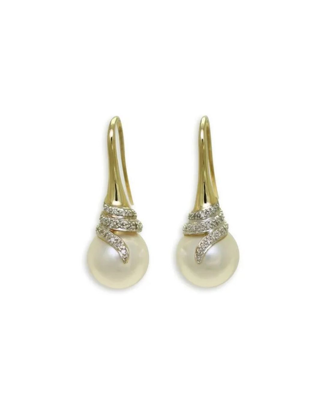 A pair of gold drop earrings, each featuring a white pearl topped with a spiraling accent set with small white stones.