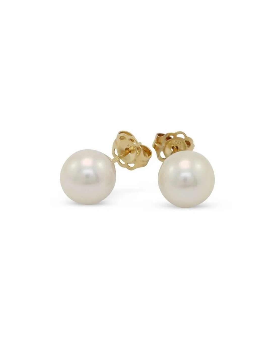 A pair of white pearl stud earrings with gold posts on a white background.