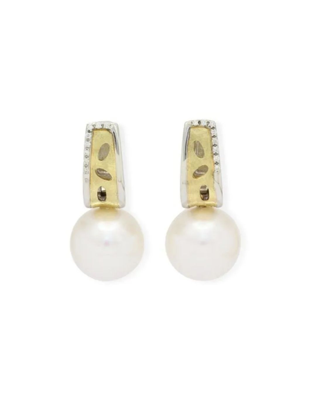 A pair of dangling earrings featuring white pearls suspended from textured, two-tone gold and silver rectangular drops.