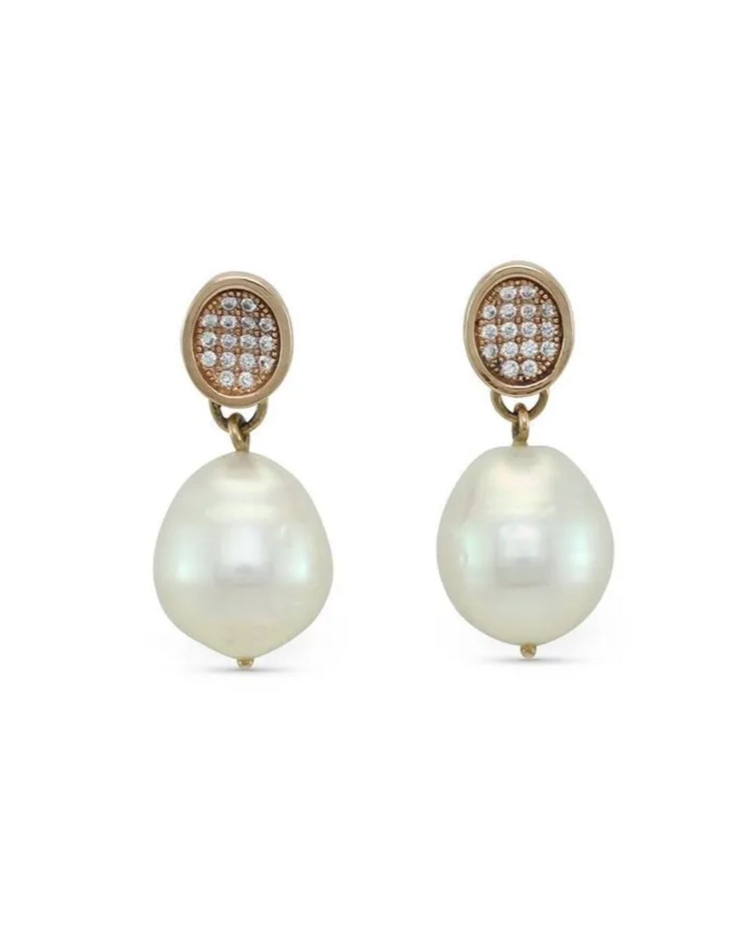 A pair of drop earrings featuring oval studs encrusted with small clear stones, each dangling a large, white baroque pearl.