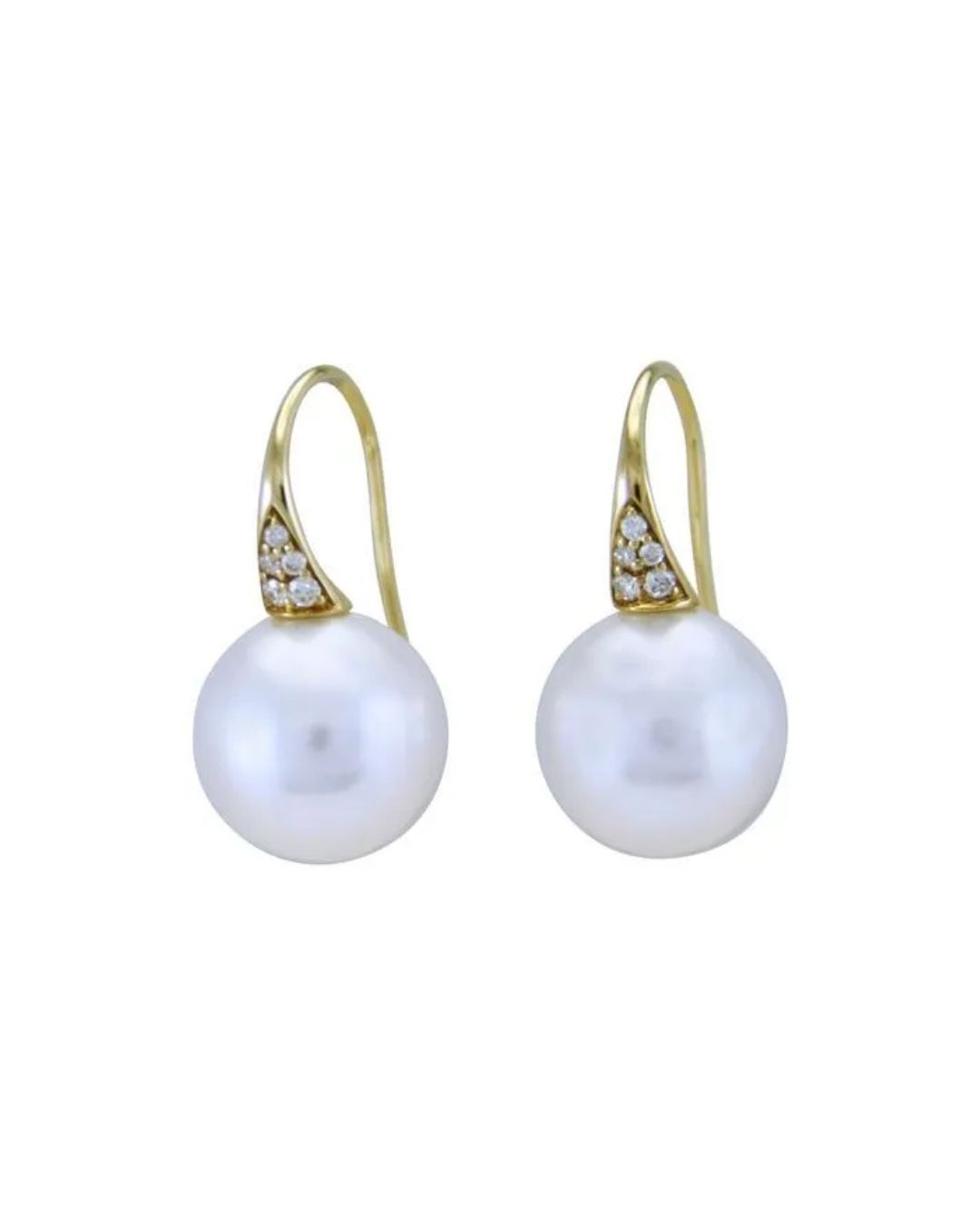 A pair of gold earrings featuring white spherical pearls suspended from hooks accented with small inset diamonds.