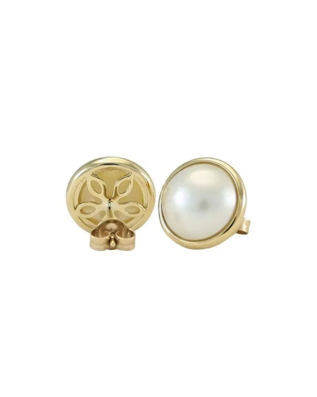 A pair of gold stud earrings featuring round white pearls, one showing the floral-patterned back and post.