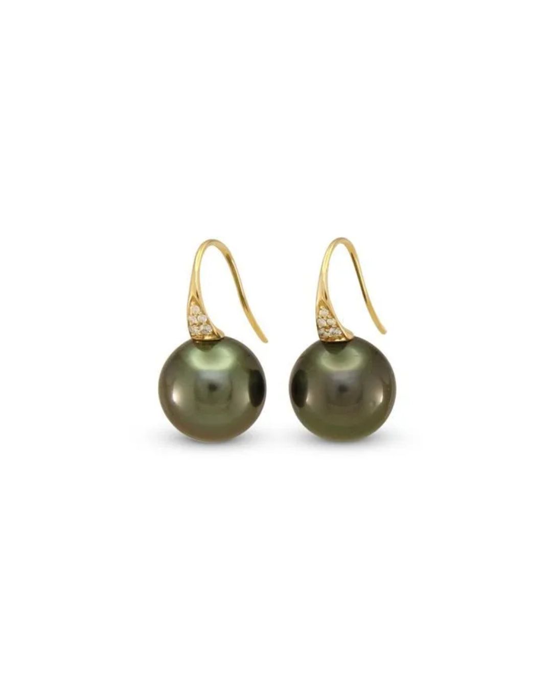 A pair of gold hook earrings, each featuring a dark green pearl topped with small, clear diamonds.