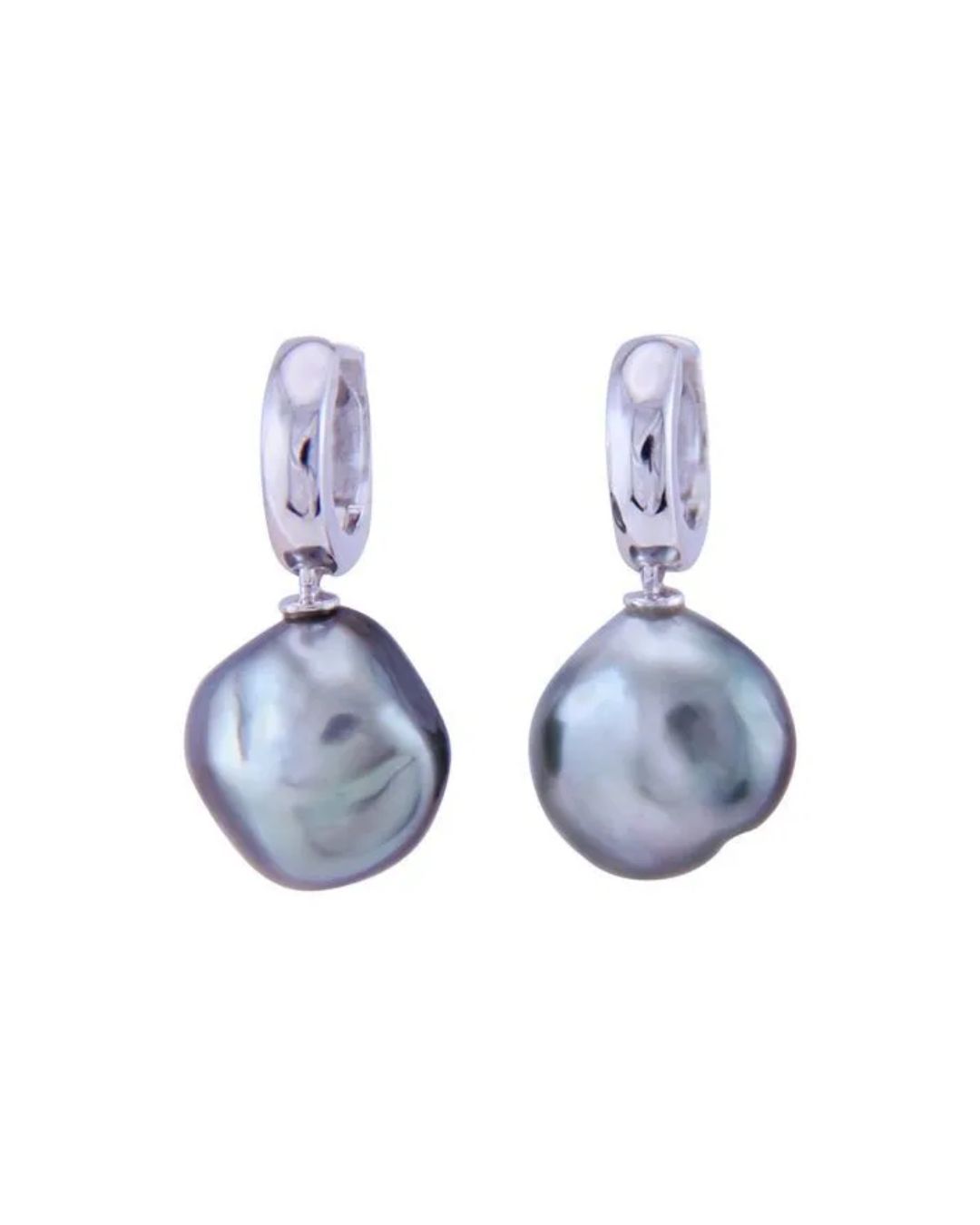 A pair of silver hoop earrings, each featuring a large, irregular, dark gray baroque pearl dangle.