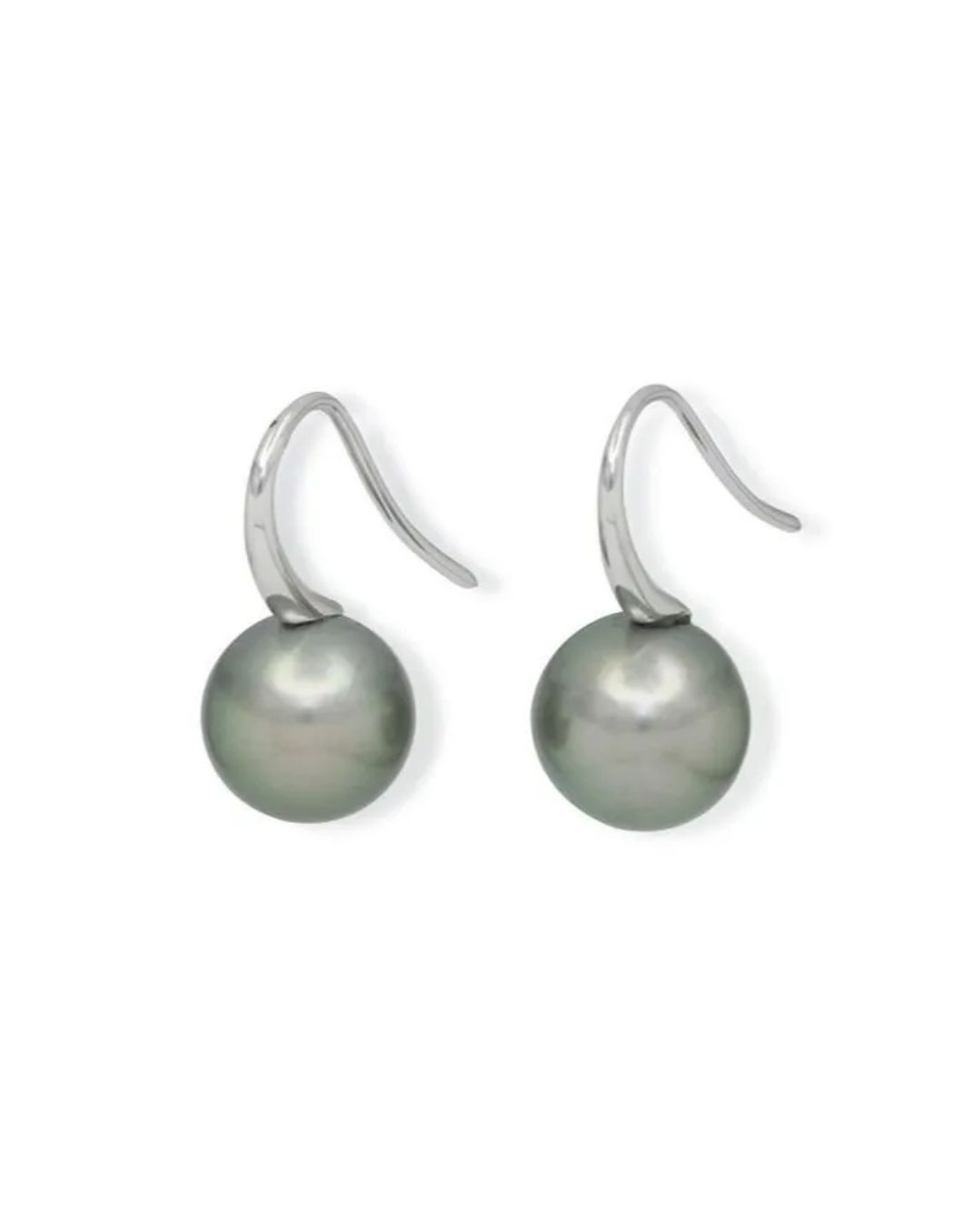 A pair of sterling silver drop earrings featuring round, dark grey Tahitian pearls hanging from curved fish hooks.