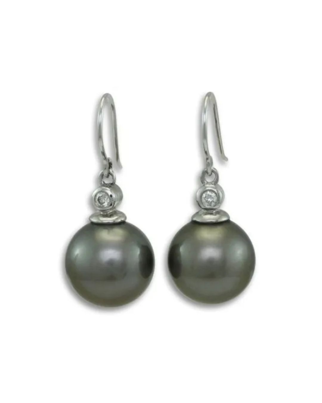 A pair of silver drop earrings featuring dark grey pearls topped with small, clear gemstones.