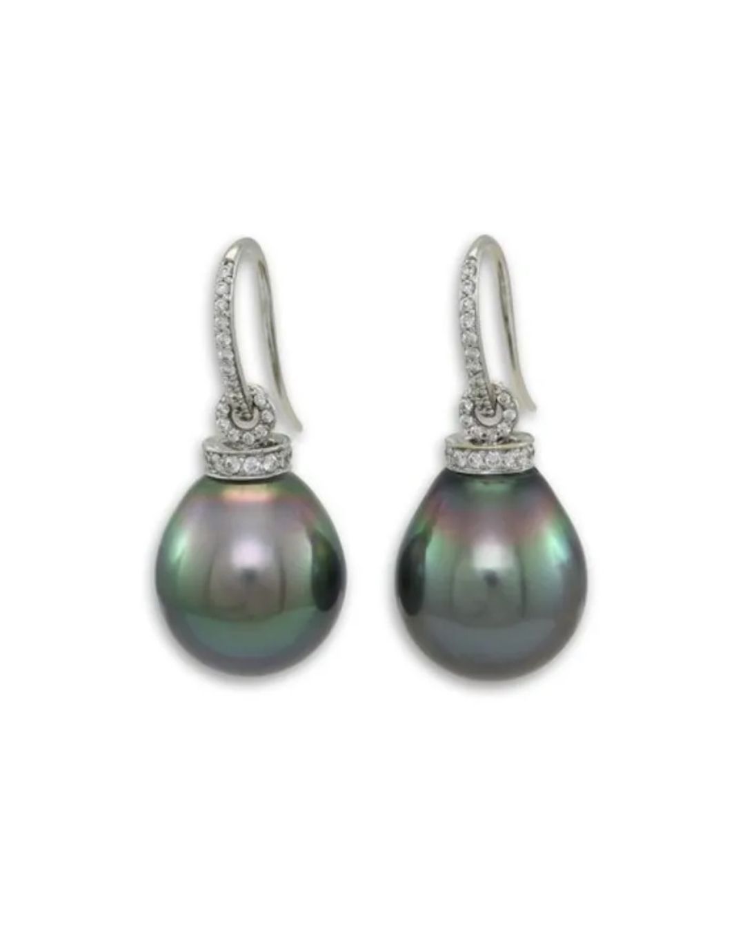 A pair of teardrop-shaped dark Tahitian pearls hanging from silver, diamond-encrusted ear hooks against a white background.