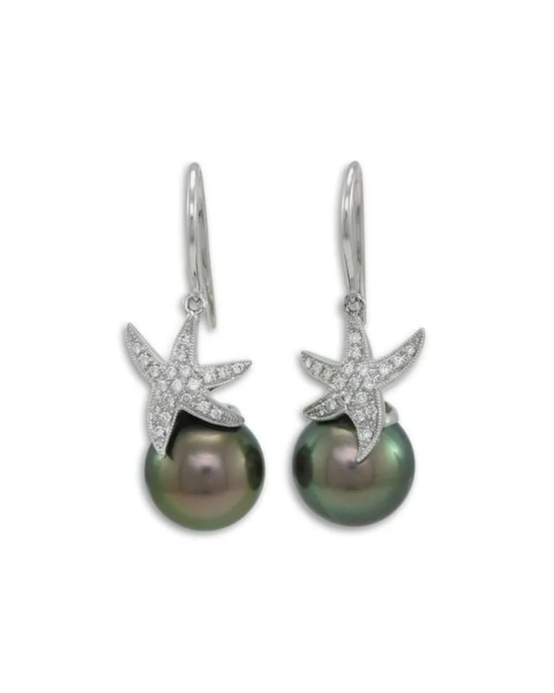 A pair of silver starfish earrings, each adorned with small diamonds and a dark, iridescent round pearl.