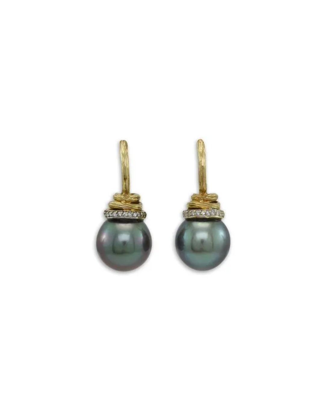 A pair of drop earrings with dark, iridescent pearls set in gold caps with a band of small diamonds.
