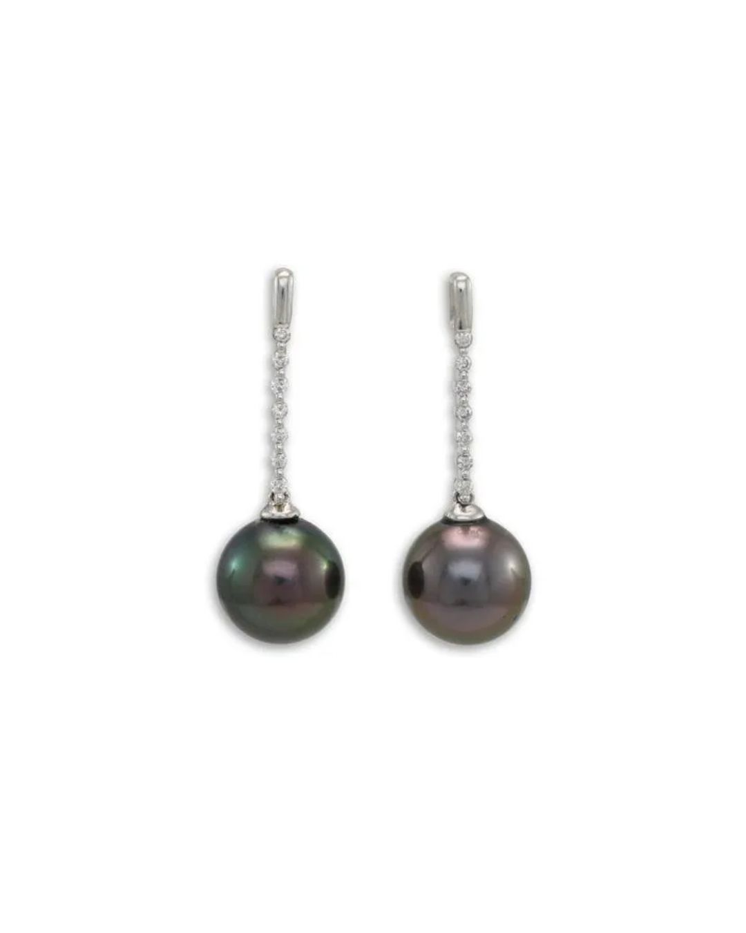 A pair of dangling earrings featuring round, dark, iridescent pearls suspended from slim, diamond-studded silver bars.