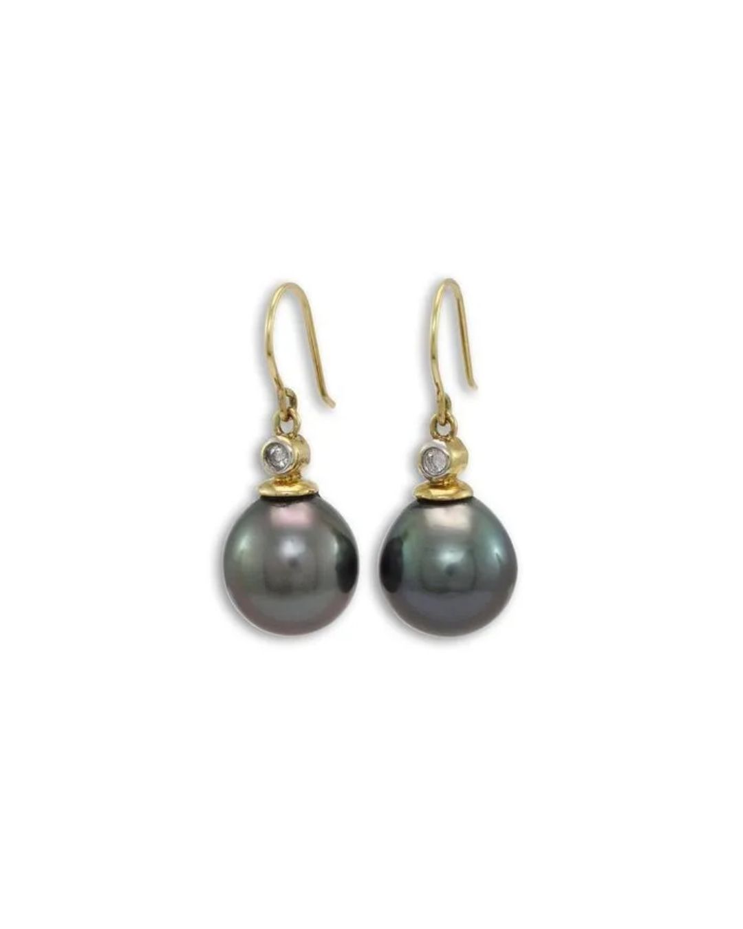 A pair of gold drop earrings featuring dark grey pearls topped with small, clear gemstones on curved ear wires.