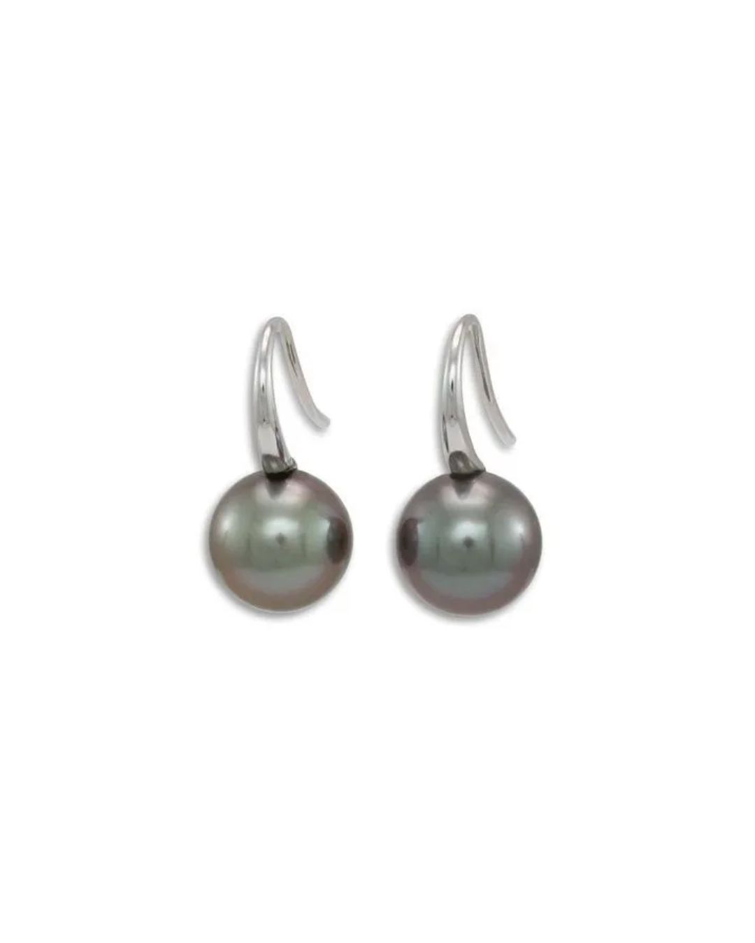 A pair of drop earrings featuring round, dark gray pearls hanging from simple, polished silver hooks on a white background.