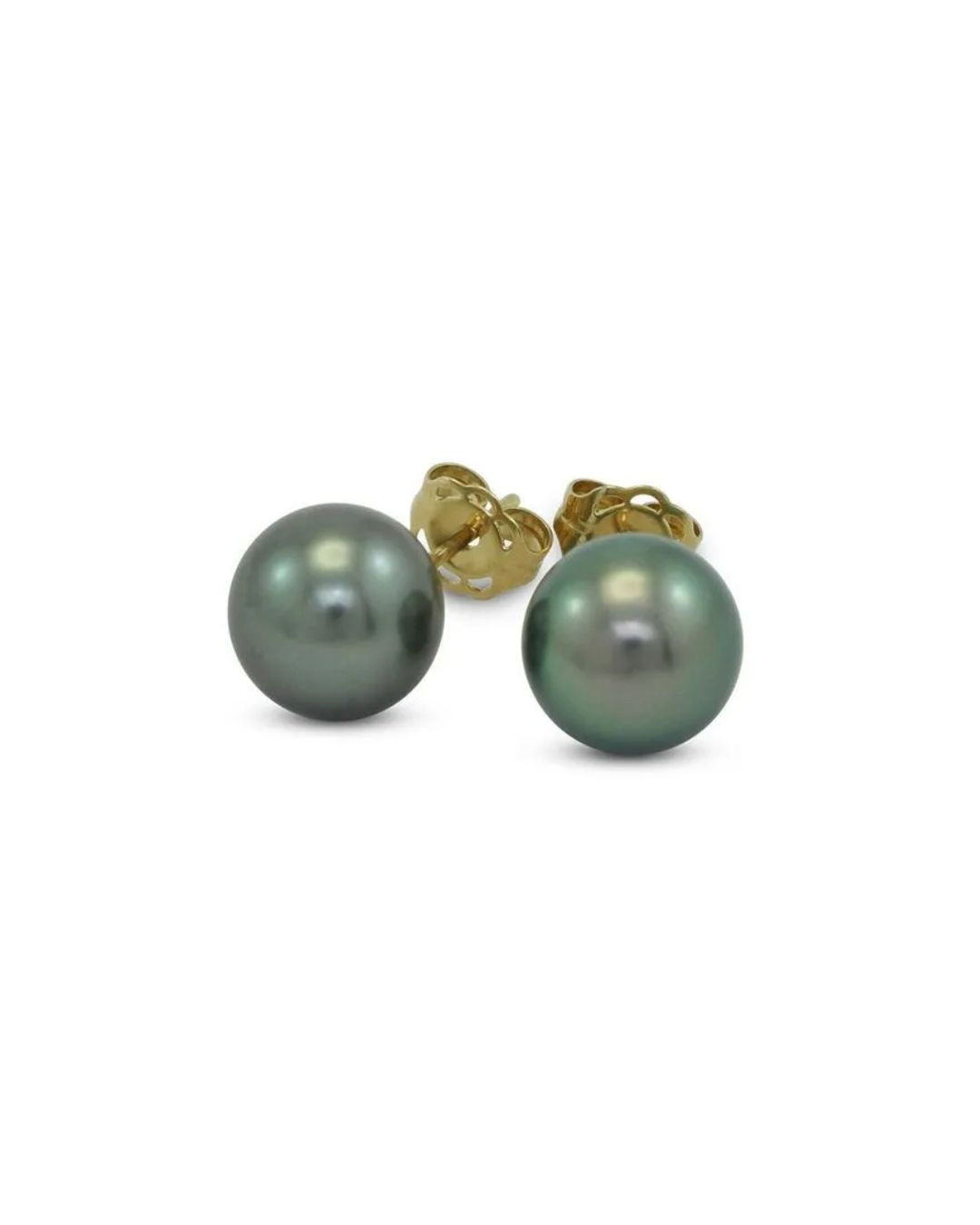A pair of dark, iridescent pearl stud earrings with gold backings on a white background.