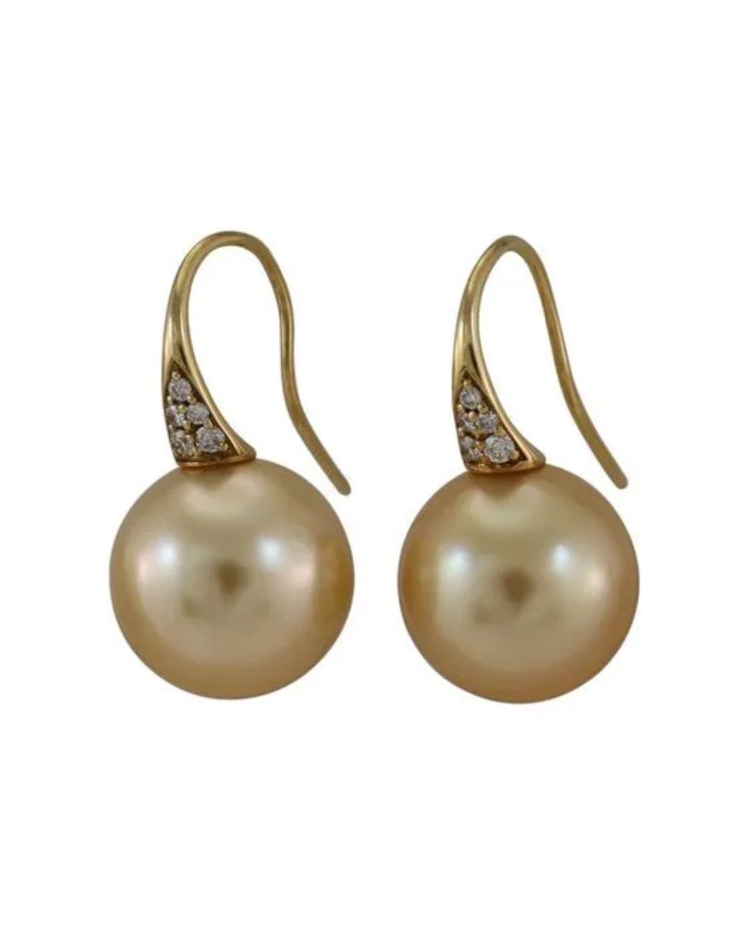 A pair of golden South Sea pearl drop earrings on curved yellow gold hooks accented with small round diamonds.