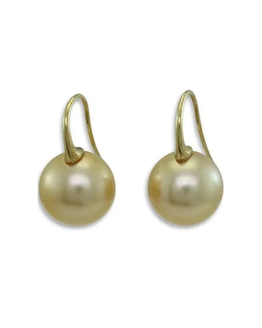 A pair of gold-toned spherical pearl drop earrings with yellow gold hooks against a plain white background.
