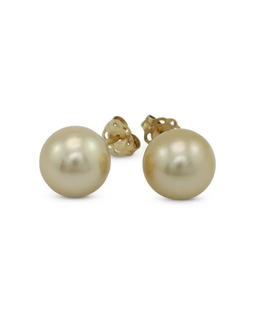 A pair of elegant golden pearl stud earrings with gold posts, isolated against a white background.