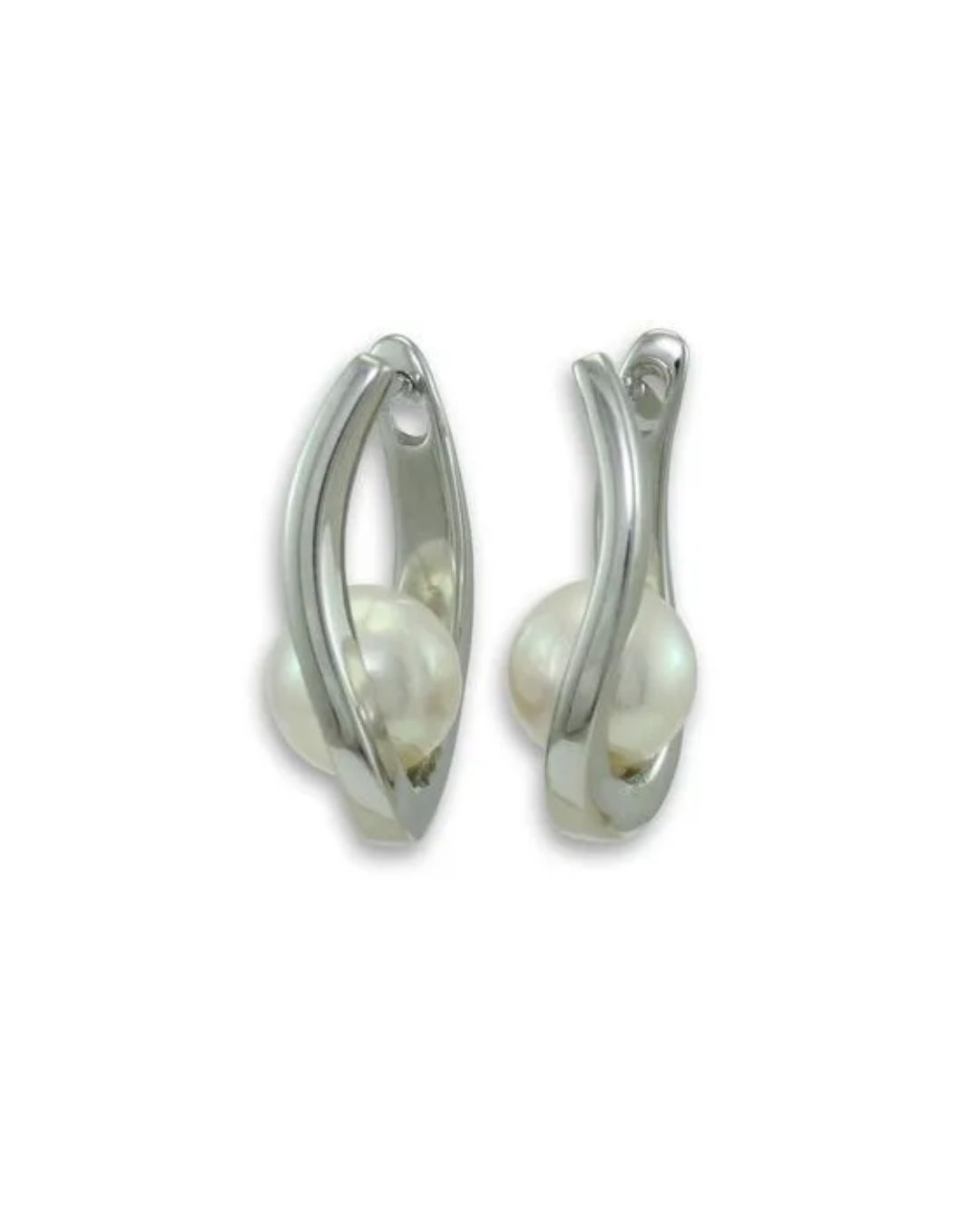 A pair of silver hoop earrings, each featuring a centered, spherical white pearl held by a curved metal frame.