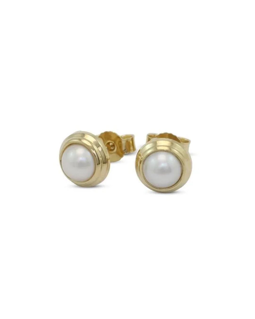 A pair of gold stud earrings, each featuring a centered round white pearl surrounded by a polished gold rim.