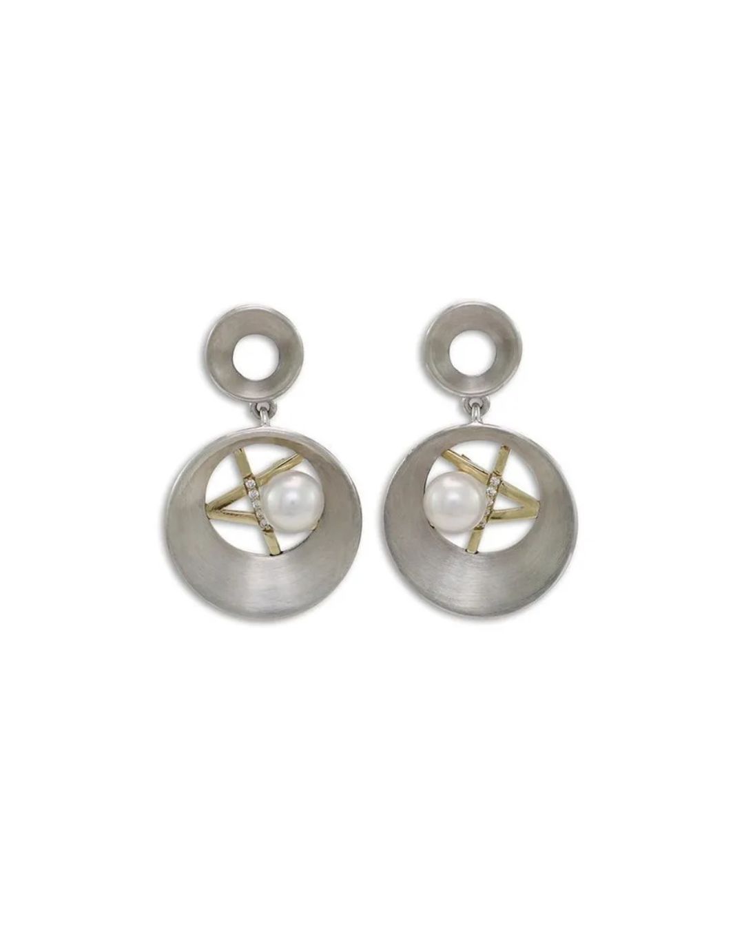 Dangle earrings with a brushed silver ring frame, a gold star accent, a white pearl, and small set diamonds.
