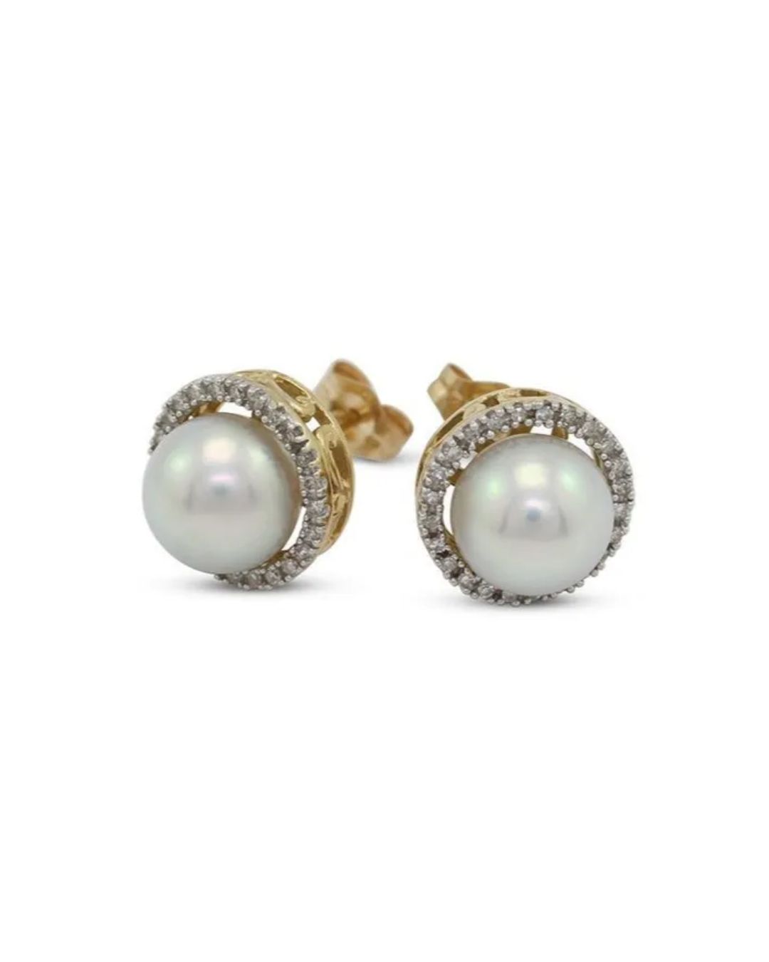 A pair of gold stud earrings featuring central white pearls surrounded by a halo of small, shimmering diamonds.