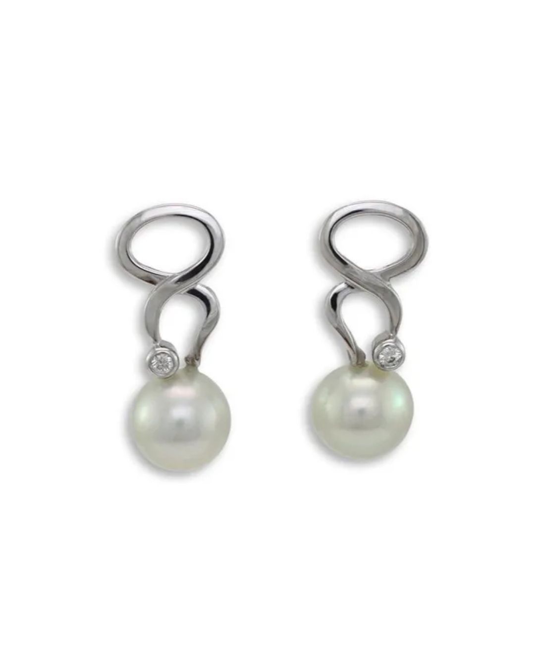 A pair of silver infinity-shaped earrings, each accented with a small diamond and a dangling white pearl.