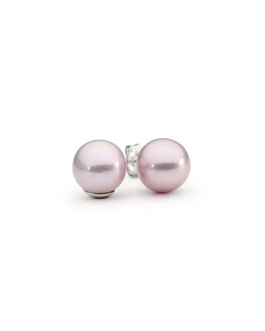 A pair of pale pink pearl stud earrings against a plain white background.