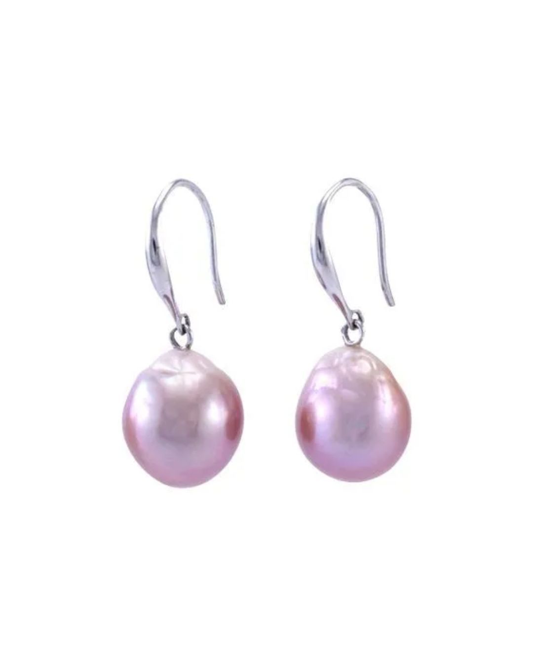 A pair of drop earrings featuring large, teardrop-shaped pink pearls hanging from silver hooks against a white background.