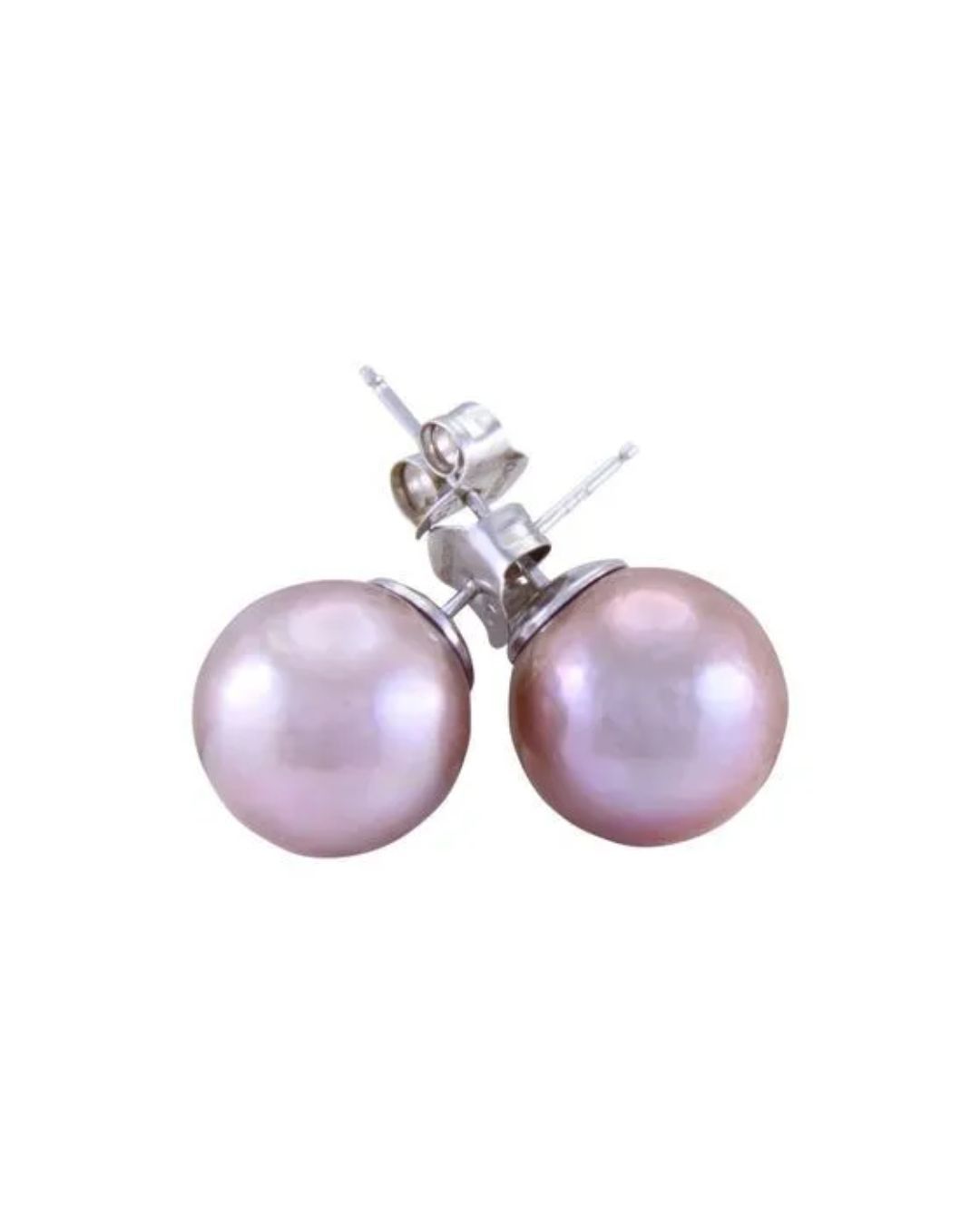 A pair of round, light pink pearl stud earrings with silver-toned posts.