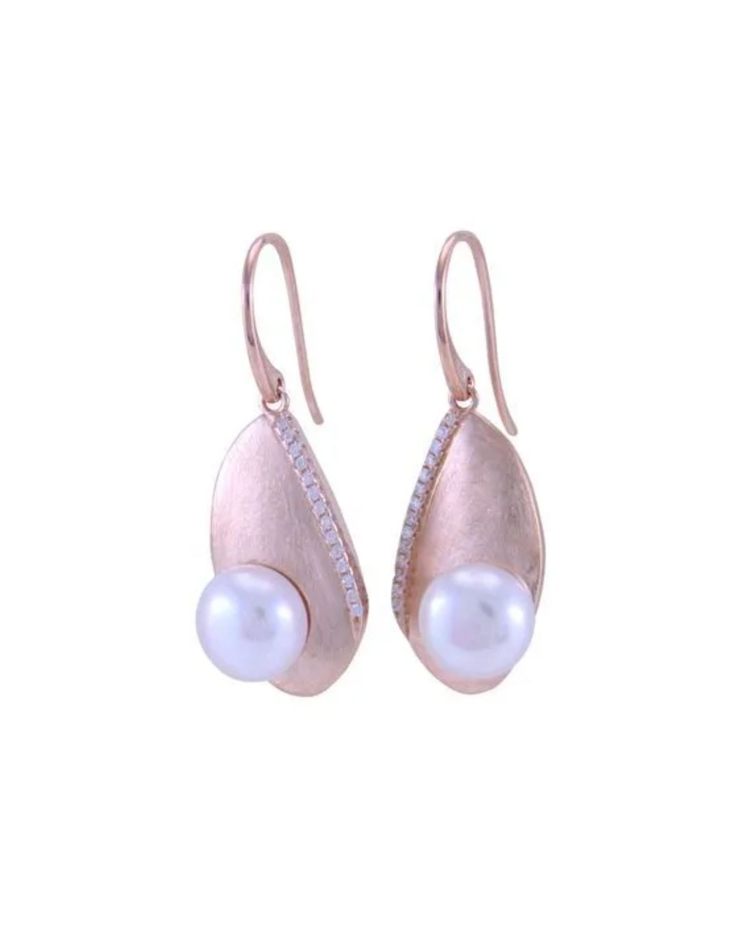A pair of rose gold teardrop-shaped earrings with a textured matte finish, a row of small diamonds, and a white pearl.