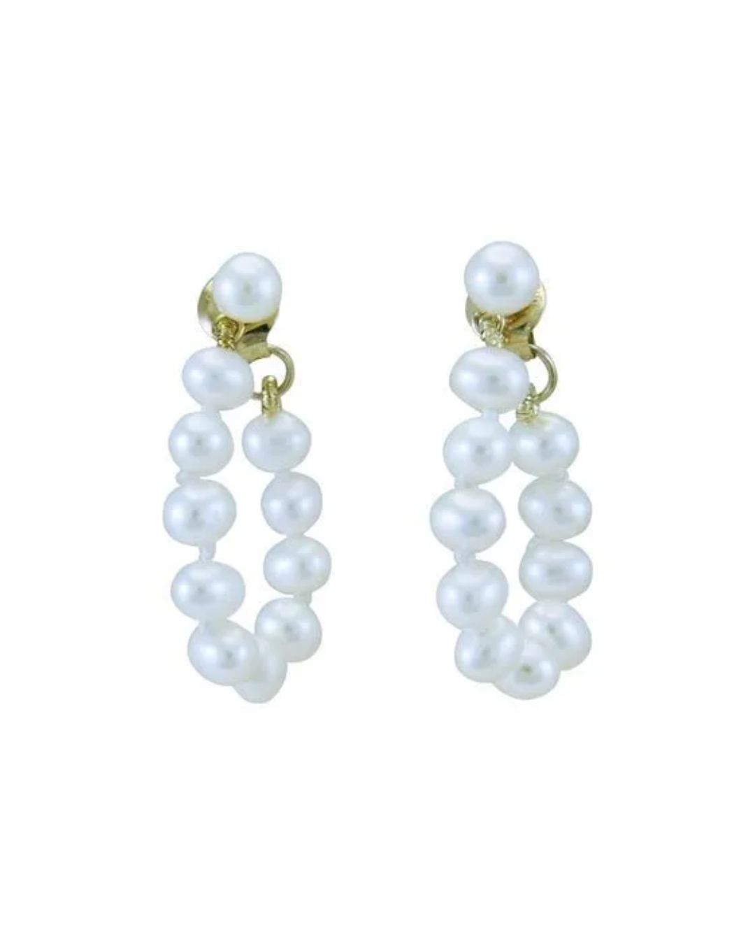 A pair of gold hoop earrings featuring a cluster of white freshwater pearls on a white background.