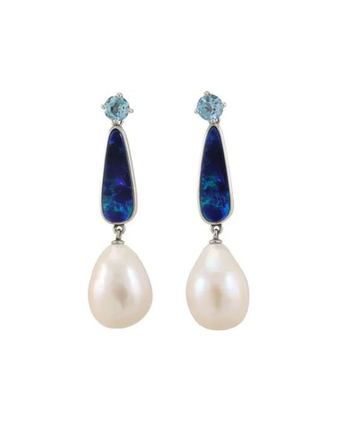 A pair of dangling earrings featuring a light blue stone, a dark blue opal-like teardrop, and a white pearl drop.