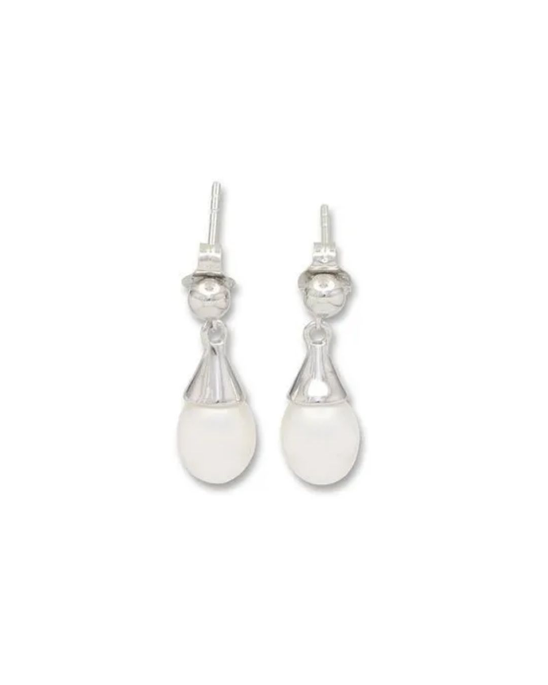 A pair of silver drop earrings with a small spherical stud and a white teardrop-shaped pearl pendant.