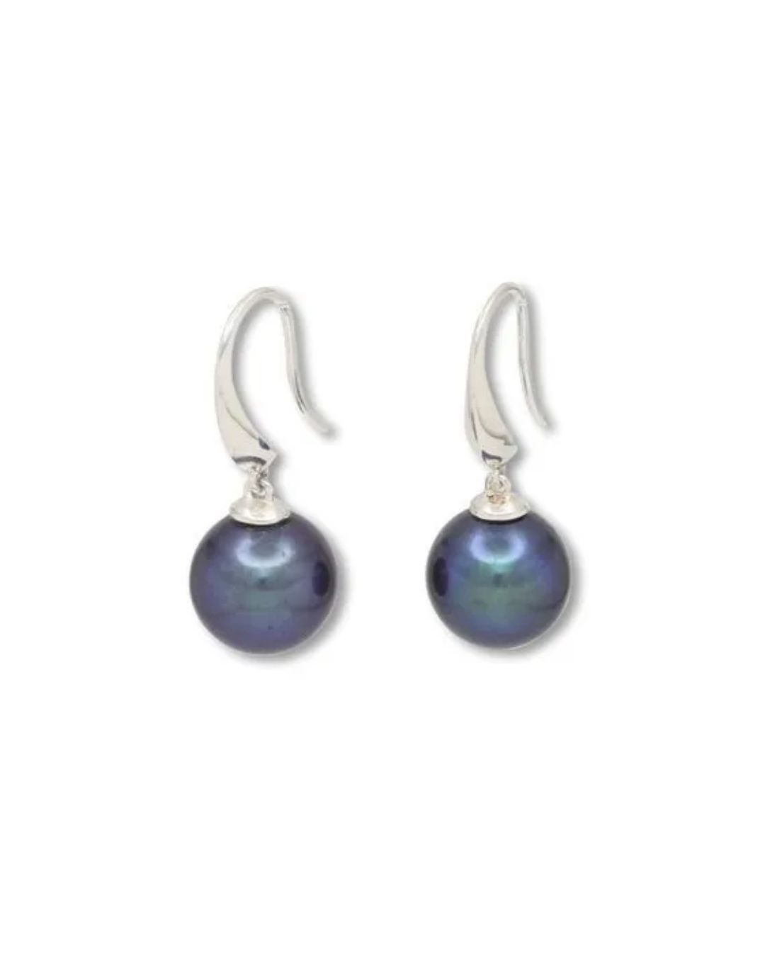 A pair of dark, iridescent pearl drop earrings on silver hooks against a white background.