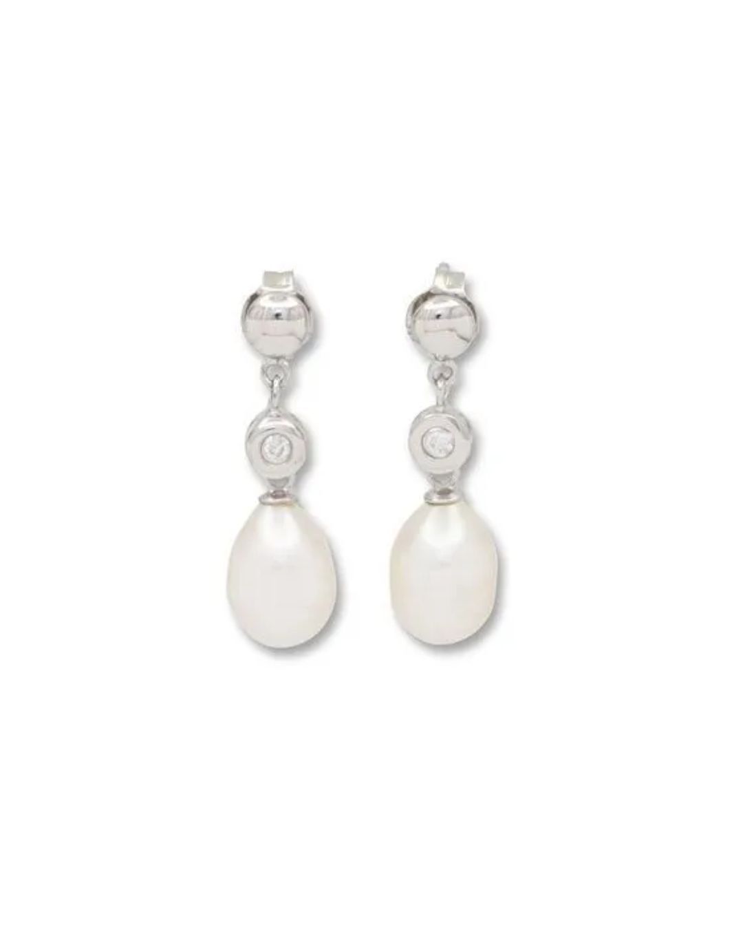 A pair of silver drop earrings featuring a stud top, a small embedded diamond, and a white teardrop pearl pendant.