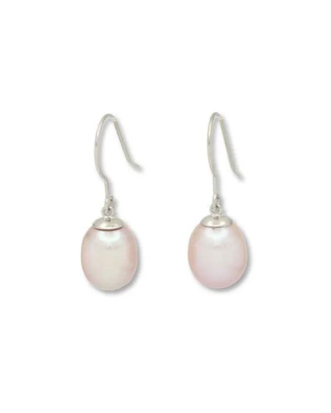 A pair of dangling earrings featuring oval-shaped, pale pink pearls suspended from silver shepherd's hooks.