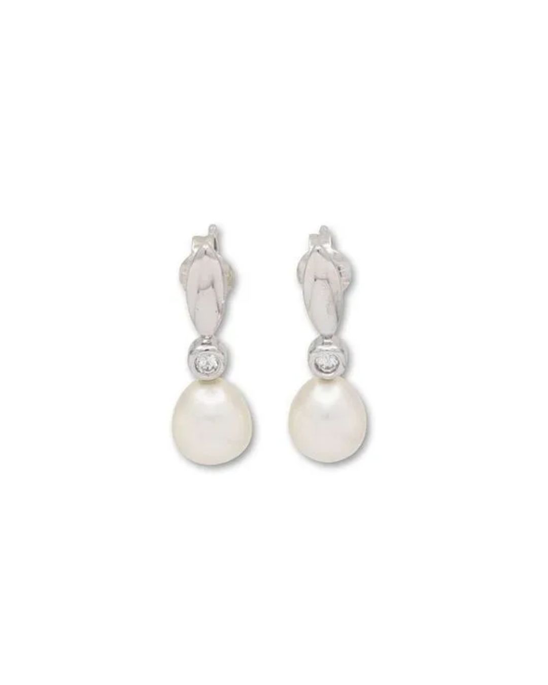 A pair of silver drop earrings, each featuring a white pearl suspended below a small, round, bezel-set diamond.