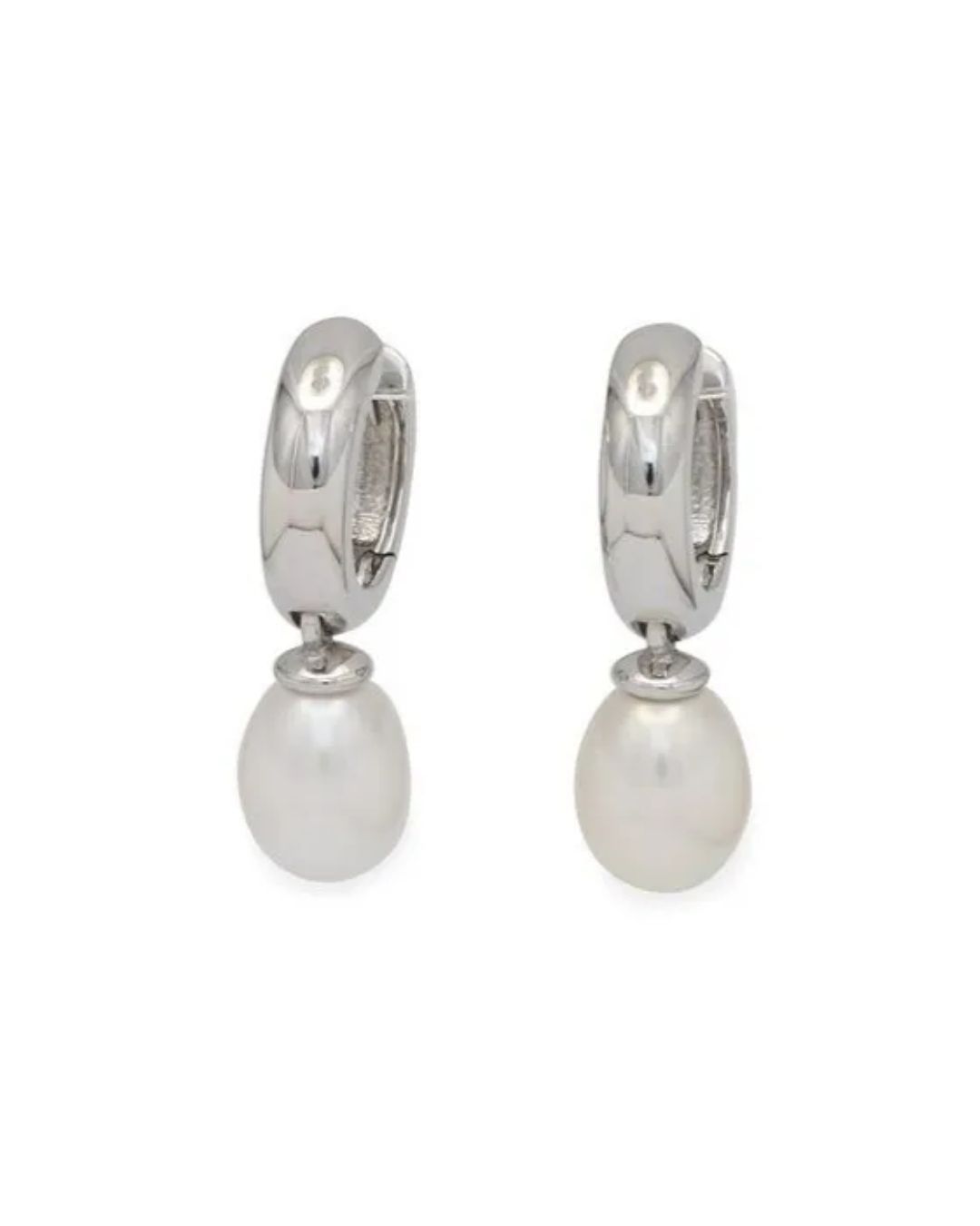 A pair of silver hoop earrings, each featuring a white, teardrop-shaped pearl dangling from the base.