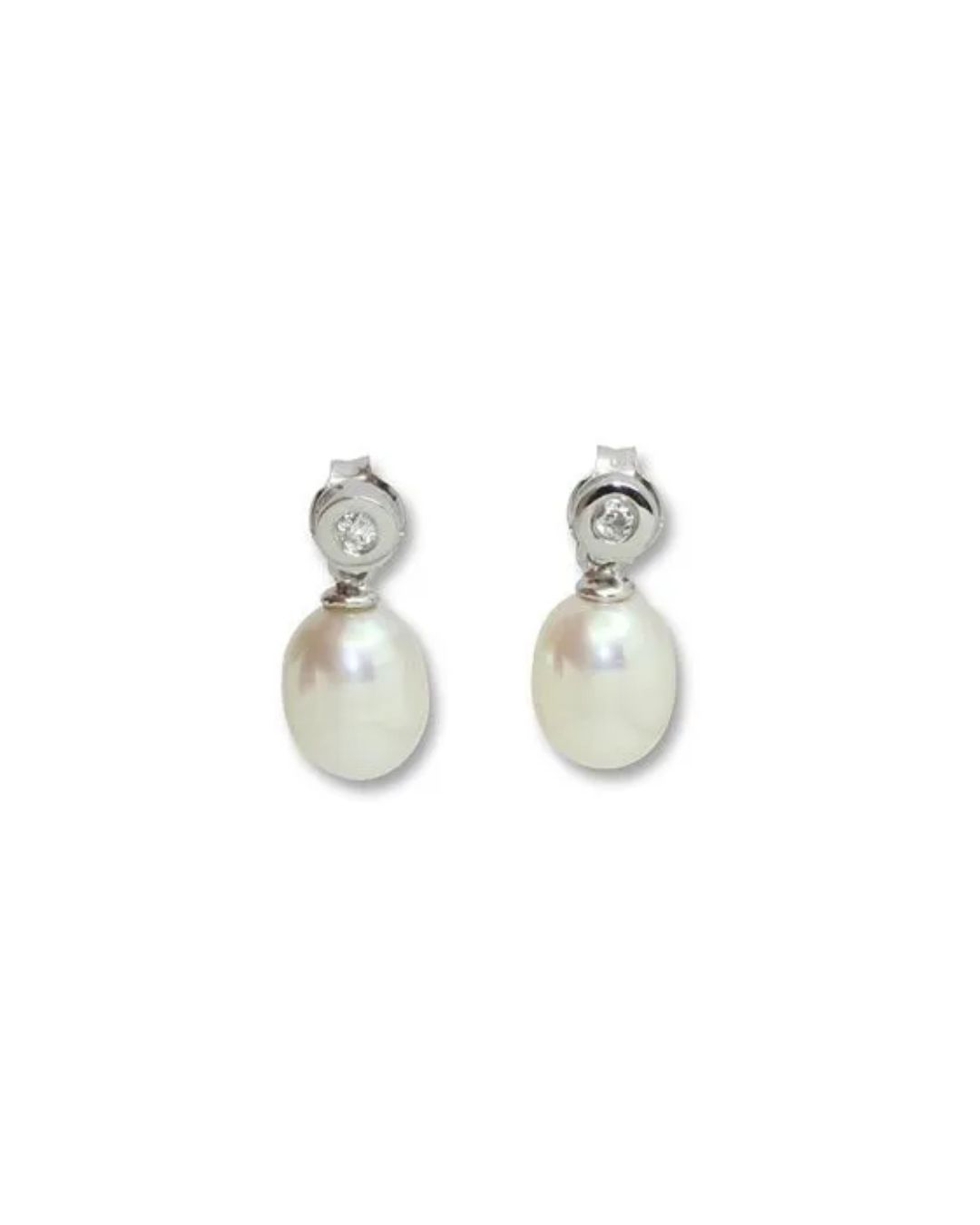 A pair of silver drop earrings featuring white oval pearls hanging from small, round studs set with clear crystals.