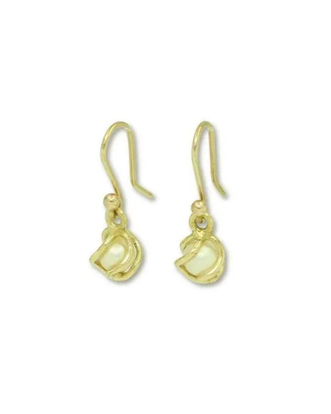 A pair of gold drop earrings, each featuring a small, cream-colored pearl encased in a decorative gold swirl design.