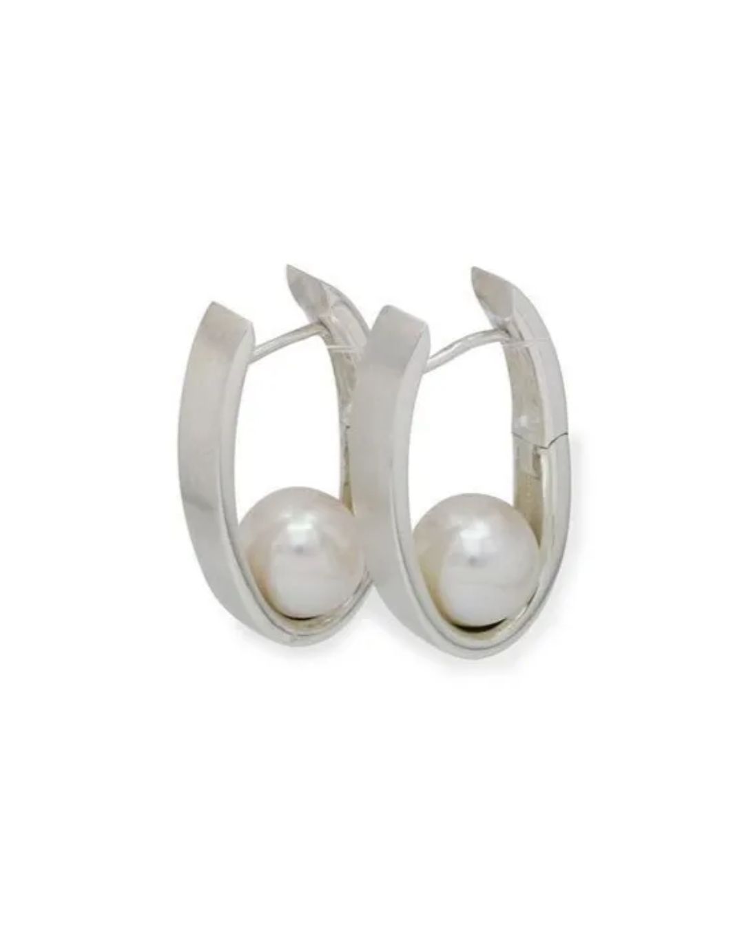 A pair of silver hoop earrings, each featuring a white pearl set in the center.
